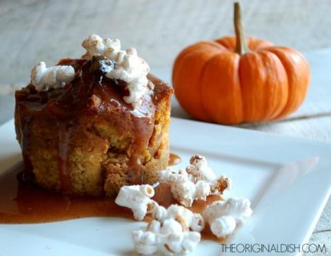 Pumpkin Cornbread Pudding with Cinnamon, Caramel and Popcorn