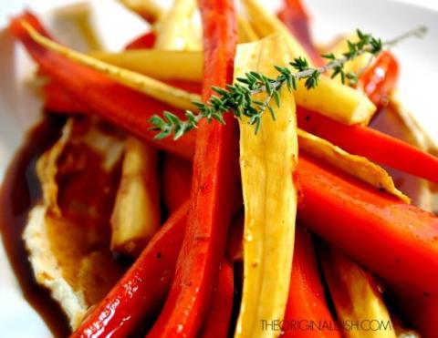 Roasted Carrots and Parsnips with Sweet Apple Glaze and Whipped Goat Cheese